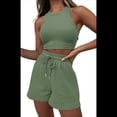 thumbnail image 1 of Conjuntos de Verano para Mujer, Conjunto Informal de 2 Piezas con Top Corto y Pantalones Cortos de Punto Gofre, Ropa de Dormir, Verde , XL, 1 of 8