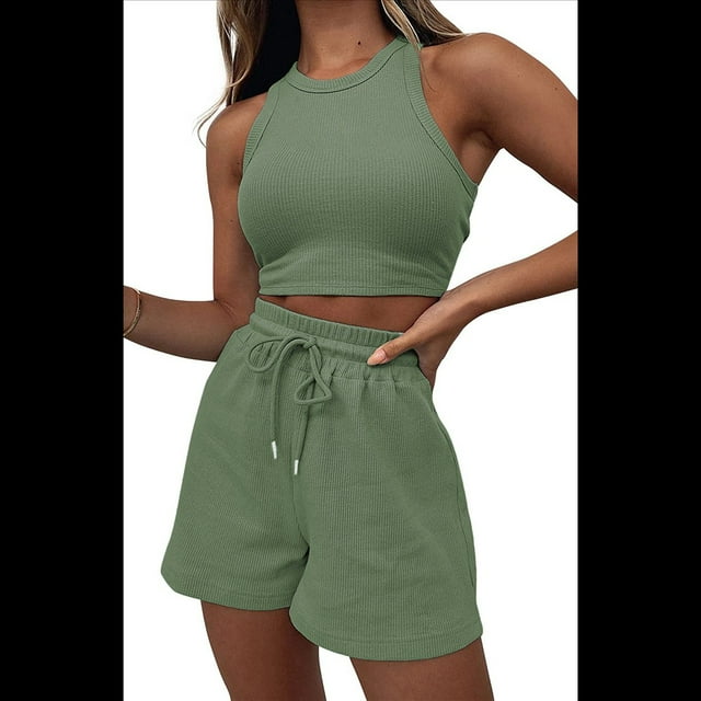 Conjuntos de Verano para Mujer, Conjunto Informal de 2 Piezas con Top Corto y Pantalones Cortos de Punto Gofre, Ropa de Dormir, Verde , XL