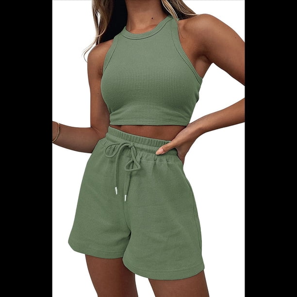 Conjuntos de Verano para Mujer, Conjunto Informal de 2 Piezas con Top Corto y Pantalones Cortos de Punto Gofre, Ropa de Dormir, Verde , Talla L