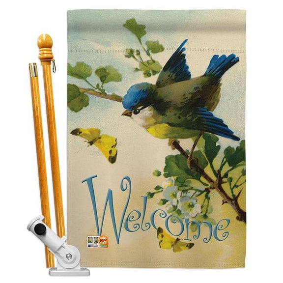 Breeze Decor BD-BI-HS-105038-IP-BO-D-US12-AM 28 x 40 in. Welcome Birds Garden Friends Impressions Decorative Vertical Double Sided House Flag Set & Pole Bracket Hardware