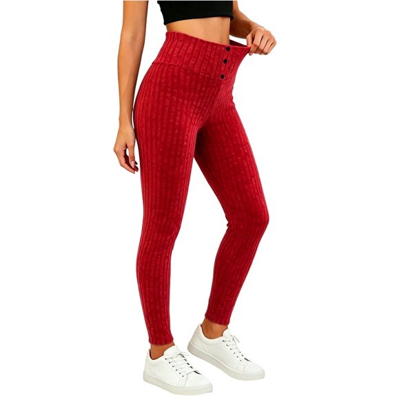 TEAJOPSUU Womens High Waist Ribbed Leggings Button Front Slim Fit Stretchy Yoga Pants Fall Winter Warm Knitted Tummy Control Leggings Red