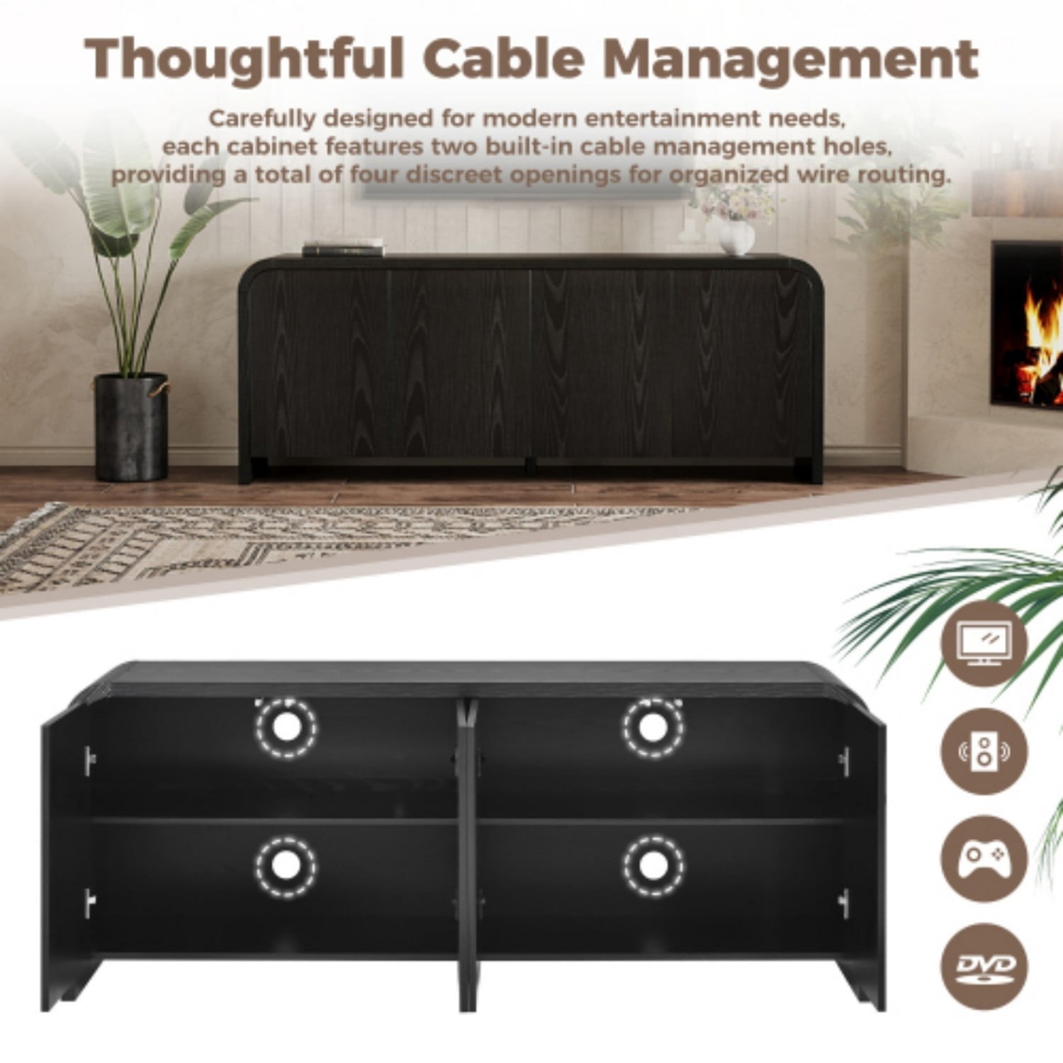 Farmhouse Curved Edge TV Stand for 70 Inch TV, Mid Century Modern Wood Grain Media Console with Adjustable Shelves, Cabinets & Cable Management for Living Room, Black