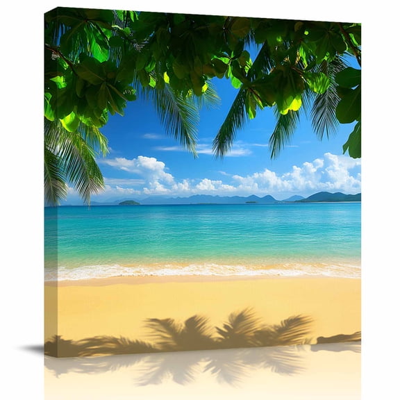 Wall Art Prints, Ocean Beach Framed Canvas Prints for Bedroom Living Room Bathroom Office, Blue Sea Shoreline Coconut Coastal Palm Tree Gallery Wrap Wall Art Poster for Gifts Home Decor 16"x16"