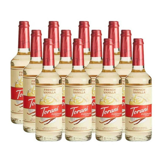 Torani Puremade Sirop à la Vanille Française – Riches Notes Crémeuses de Crème Anglaise et Qualité de Sucre de Canne Pur, Bouteille en Verre de 750 ml (25,36 oz) – Professionnel, Paquet en Vrac de 12/caisse