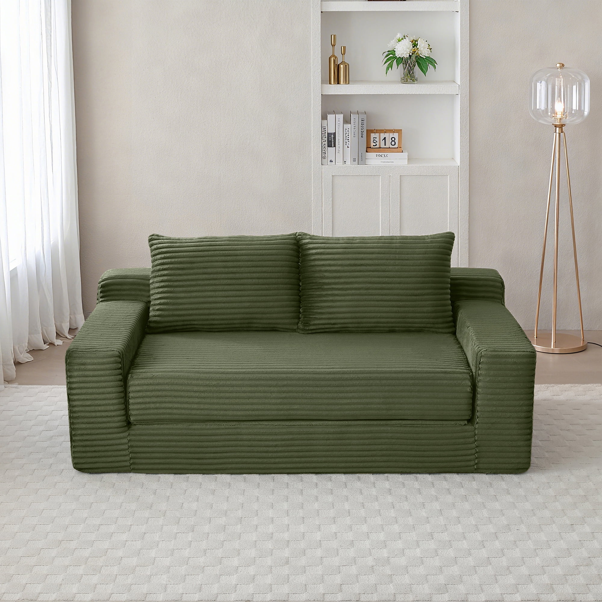 Memory Foam Cloud Loveseat Sofa, 2 in 1 Convertible Folding Couch Bed with Pull-Out Sleeper, No Assembly Compressed Corduroy Floor Lounge Sofa for Apartment, Office, Bedroom, Living Room, Green