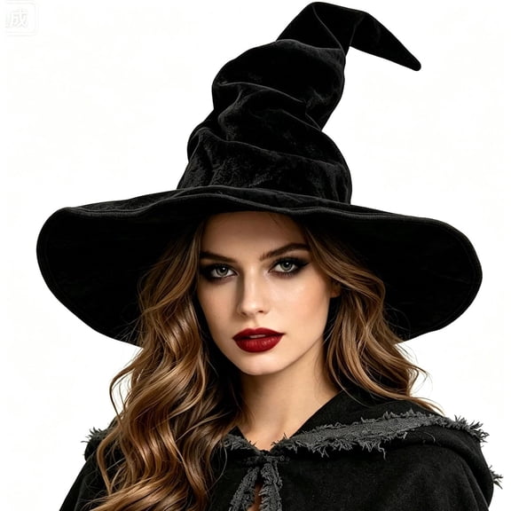 Black Witch Hat Adult, Ruched Witches Hat for Women, Velvet Wizard Hats for Halloween Party Cosplay Costume Accessory
