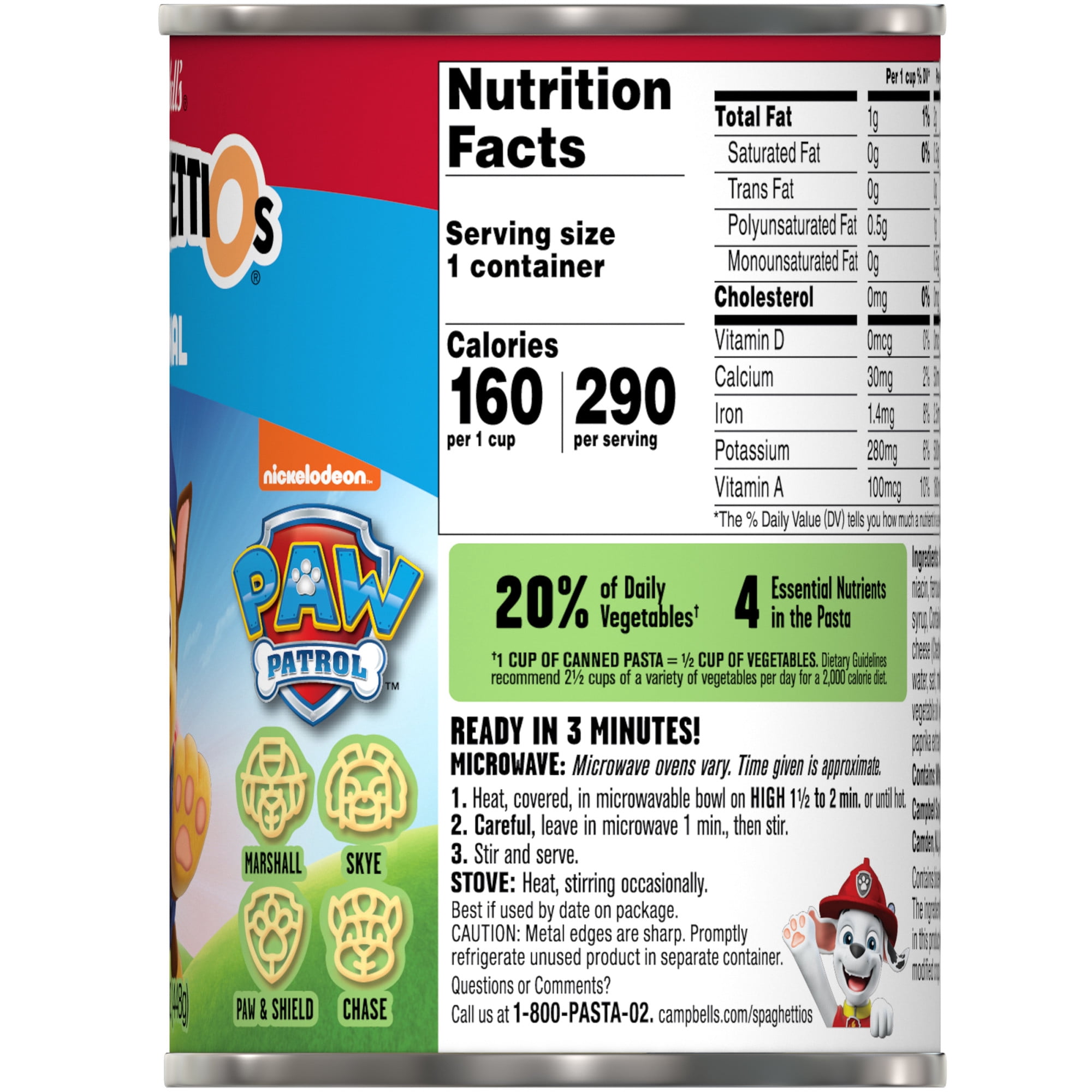 SpaghettiOs Original Canned Pasta with Paw Patrol Shapes, 15.8 oz Can