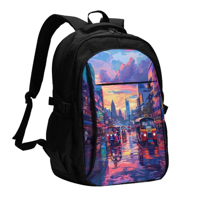 Easygdp Taxi Colorful Town Mochila para Laptop de Viaje con Puerto USB, Mochila para Laptop con Puerto de Carga USB para Mujeres y Hombres