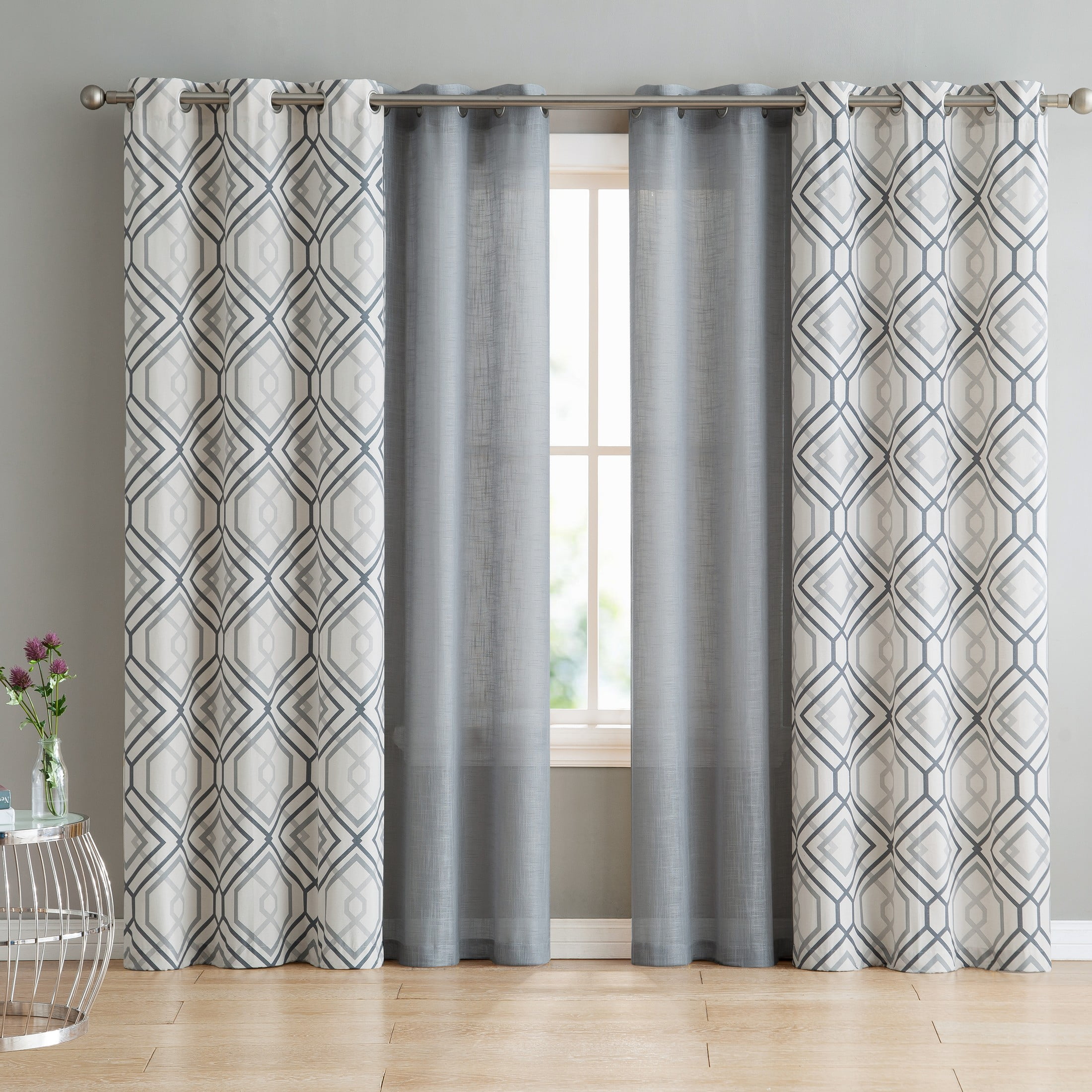 VCNY Home Jackston 4-Piece Charcoal Solid and Geometric Sheer Curtain ...