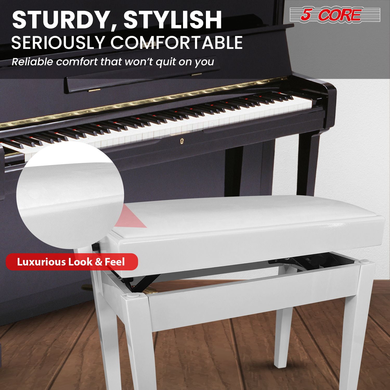 Adjustable Piano Bench Thick 3.25" Solid Wood Keyboard Stool Heavy Duty Musician Chair