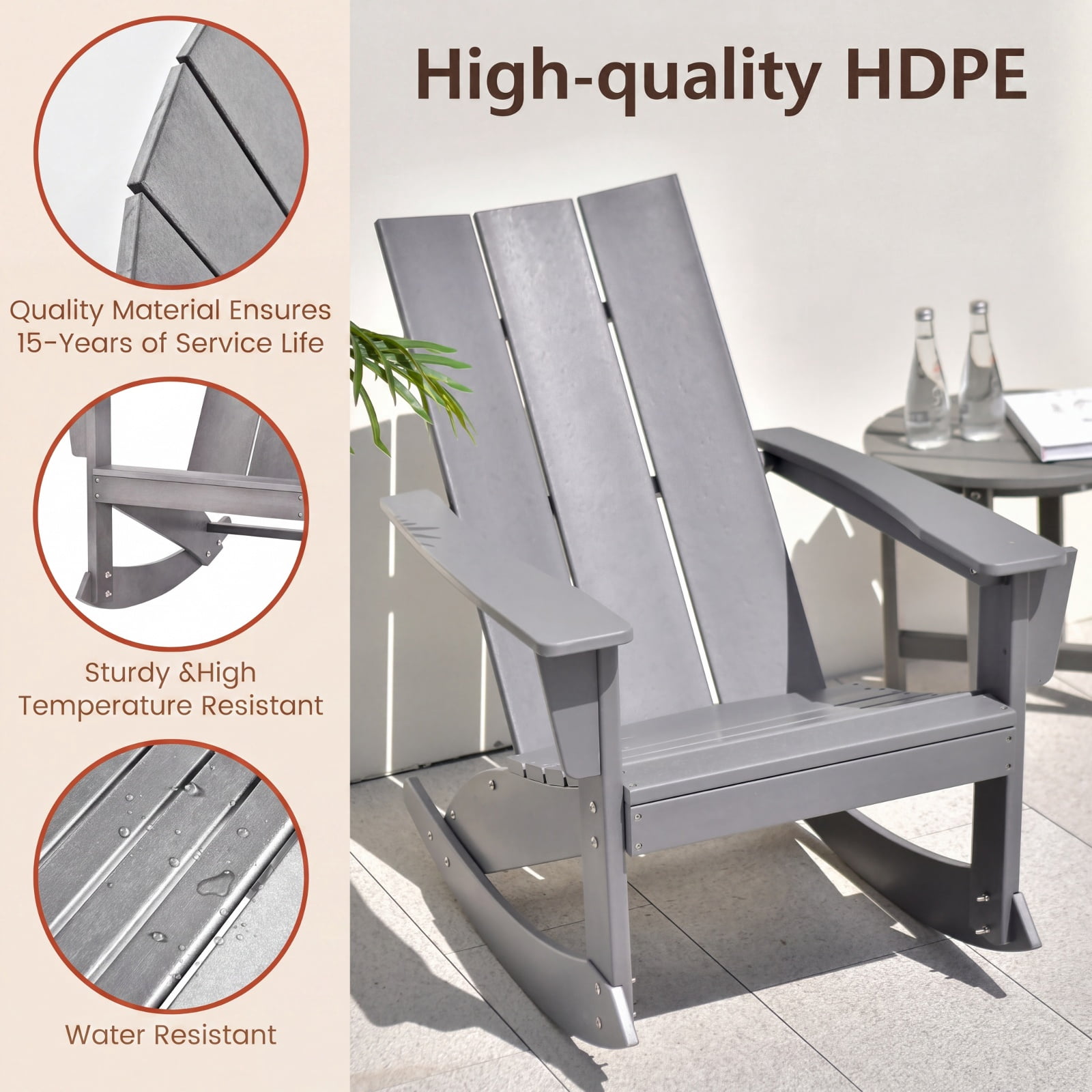 Furnibear HDPE Adirondack Rocking Chair with Curved Back Rounded Armrests and Weather Resistant Build for Porch Balcony Patio and Garden, Gray