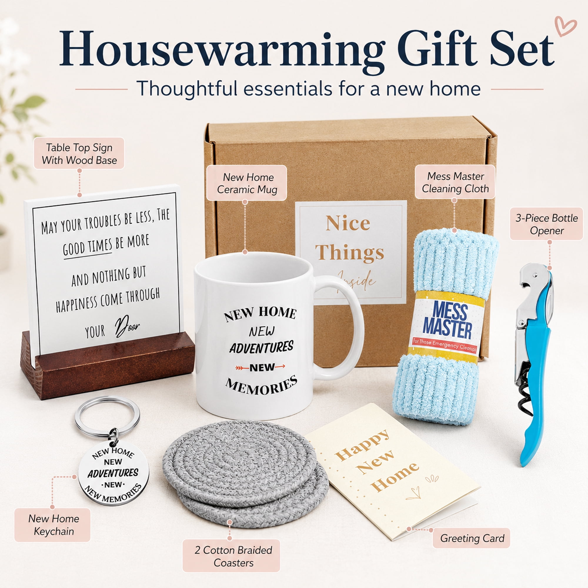 Housewarming Gift Set for New Home, 8-Piece New Home Gift Box with Ceramic Mug, Coasters, Bottle Opener, Keychain, Cleaning Cloth, Tabletop Sign and Greeting Card