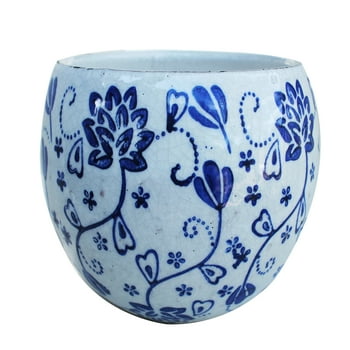 Old world ceramic blue and white round ers or garden pots 2 prints available,Flower print