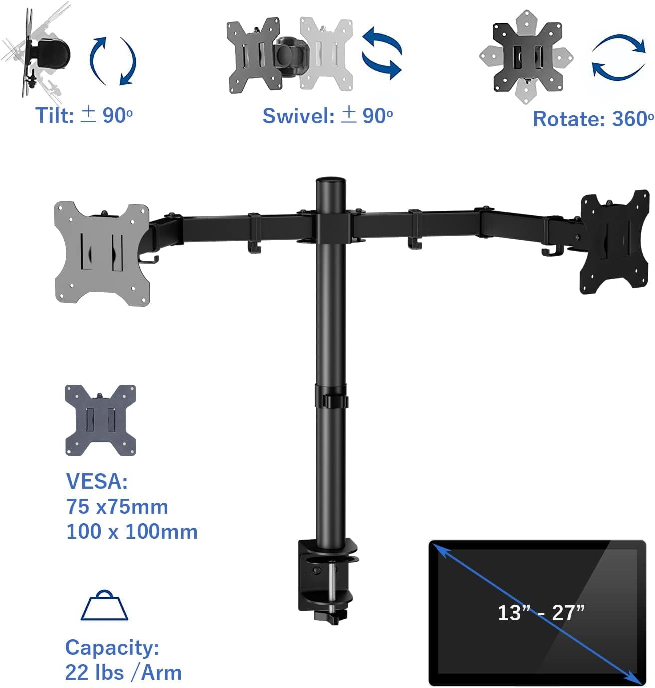 Dual Monitor Desk Mount Stand, Adjustable Dual Arm Mount fits up to 32 inch LCD Screen with , Clamp and Cable Management, Black