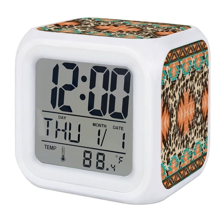 Vintage Boho Digital Alarm Clock for Bedrooms,Smart LED Alarm Clock with 7 Color Changing Night Light,Retro Ethnic Tribe Abstract Art Teal Red Brown Silent Wake Up Clocks for Sleep Study 3.2x3.2