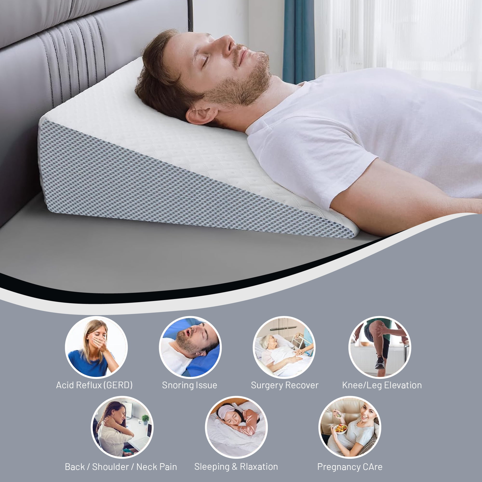 Continental Sleep, 24-Inch Bed Wedge Pillow with High Density Foam, Stylish Chic Jacquard Cover, Wedge Pillow for Sleeping, Reading, Watching TV, White