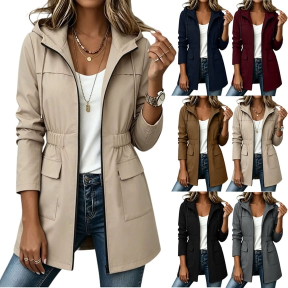 Dxzfnsa Women Waterproof Outdoor Hiking Drawstring Raincoat Windproof Rain Jacket Lightweight Hooded Jackets Zipper Trench Coats with Pockets S-2XL