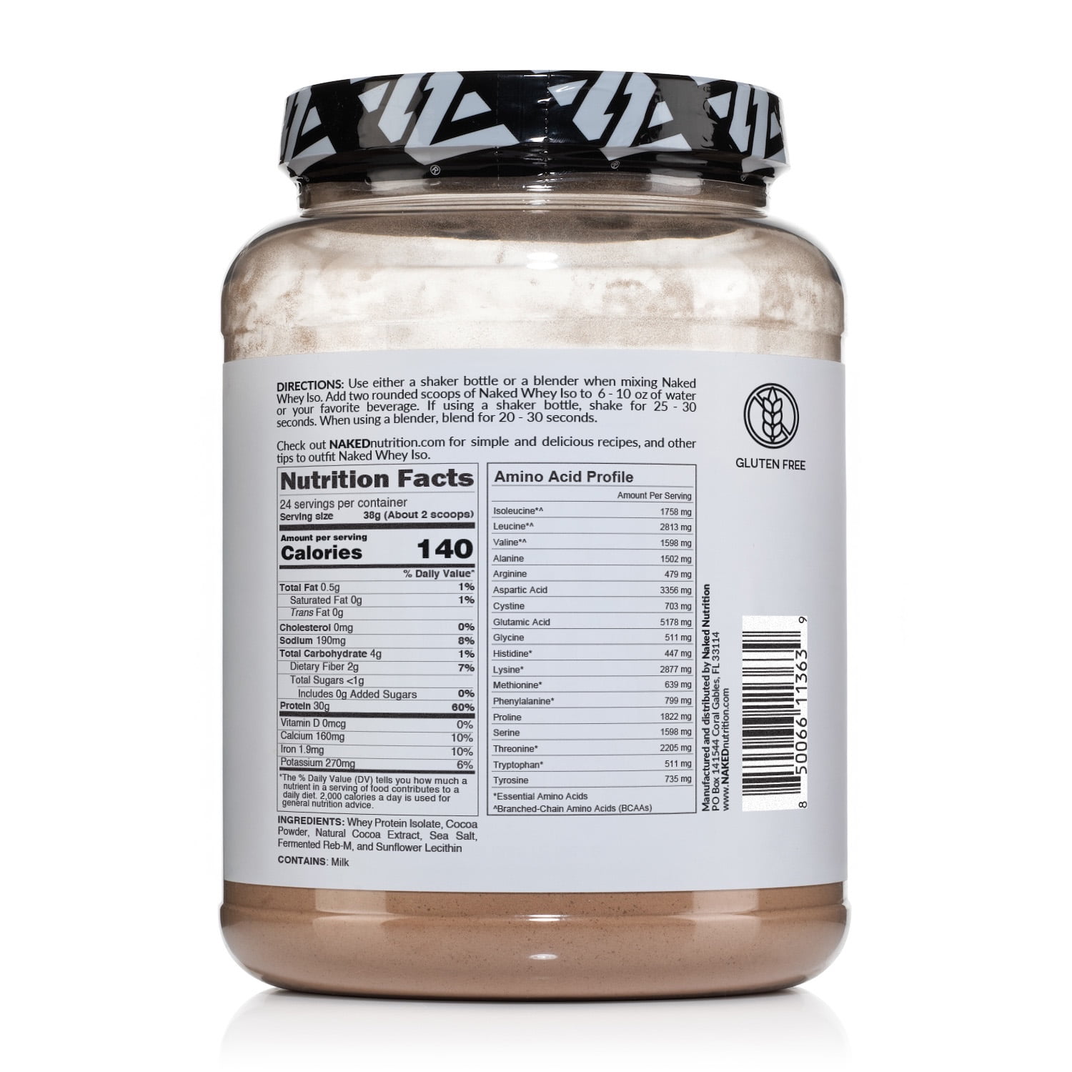 Naked Chocolate Whey Isolate Protein - Only 6 Ingredients, 30g Grass-Fed Protein, Undenatured, No GMO, No Soy, Gluten-Free, No Preservatives - 24 Servings