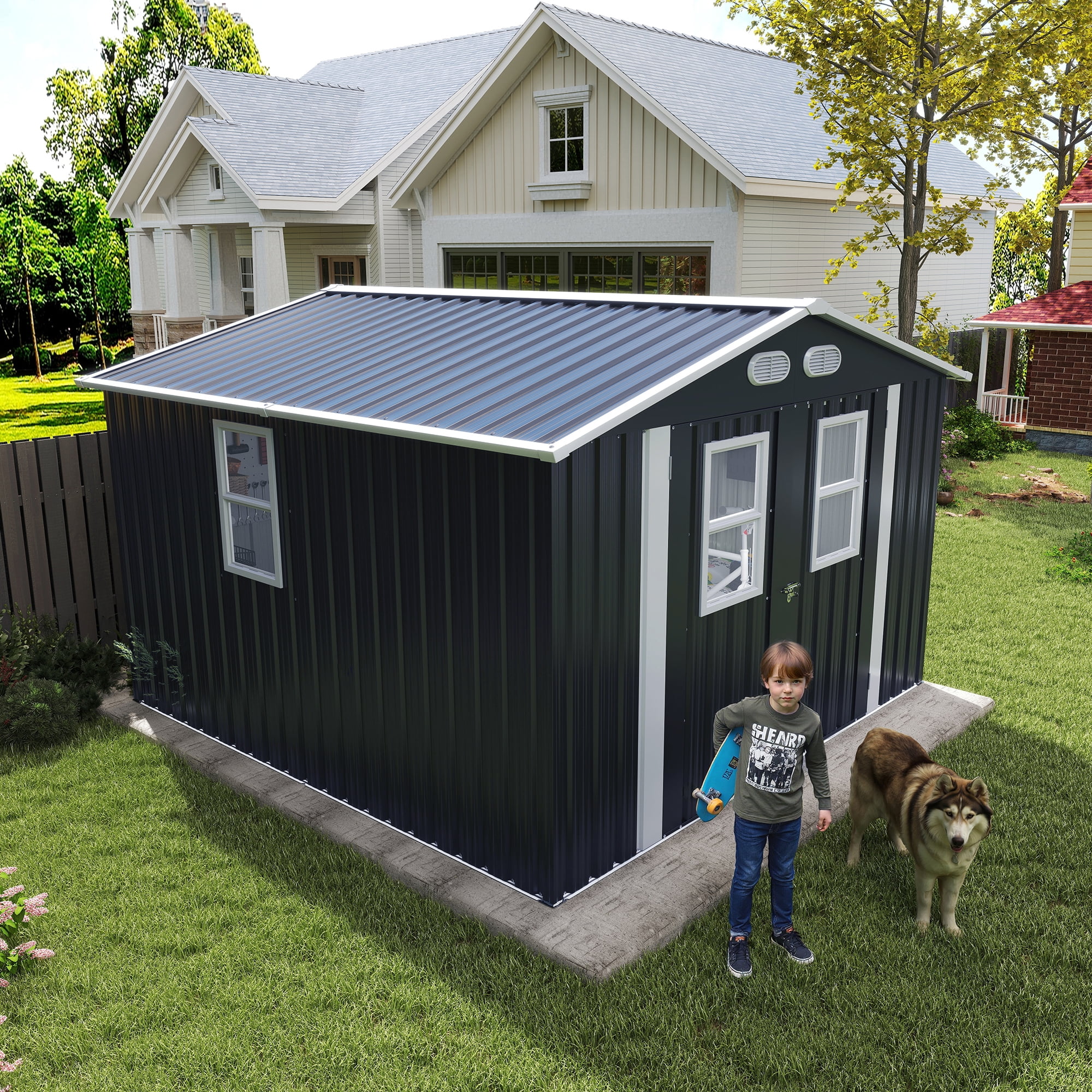 Olurrisa 8x8 FT Outdoor Storage Shed with 4 Windows & Lockable Door, Dark Gray Metal Garden Shed, Waterproof Tool Shed for Backyard, Patio & Lawn Equipment