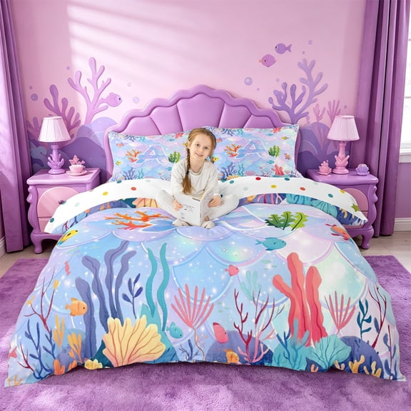 meiyoeat watercolor Sea Life Coral Bedding,Ocean Initial A Duvet Cover Full,Reversible,3-Piece,1 Duvet Cover and 2 Pillowcases