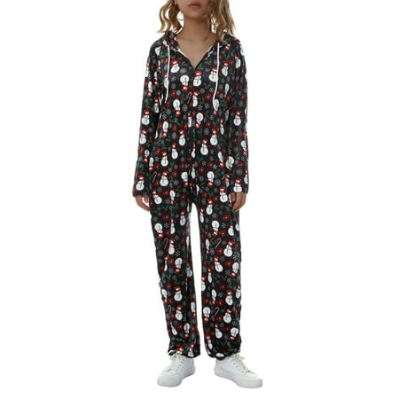 

Women Christmas Cozy Onesie Long Sleeve Zipper Drawstring Pajamas Hooded Jumpsuit Print Rompers Sleepwear