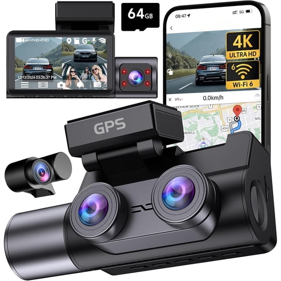 4K Cam Front Rear Inside, 3 Dashcam with WiFi 6 & GPS | 4K 1080P 1080P Camera for with 64GB Card, IR Night Vision, 3" IPS, 24H Parking Mode, G-Sensor, Loop Recording