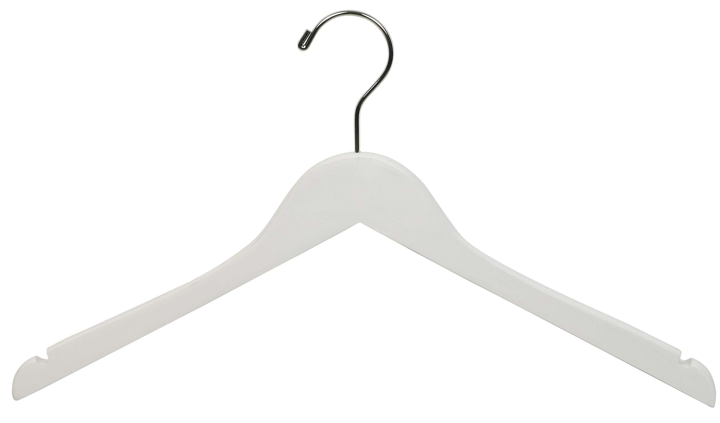 White Wood Top Hanger, Box of 25, Space Saving 17 Inch Flat Wooden Hangers w/ Chrome Swivel Hook & Notches for Shirt Jacket or Dress by International Hanger
