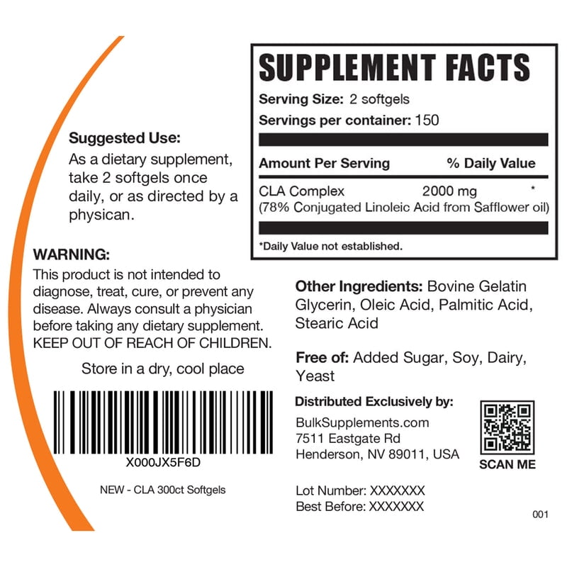BulkSupplements Conjugated Linoleic Acid Softgels - CLA Supplements - Dietary Supplement, 2 Softgels per Serving (2000mg), 300 Count