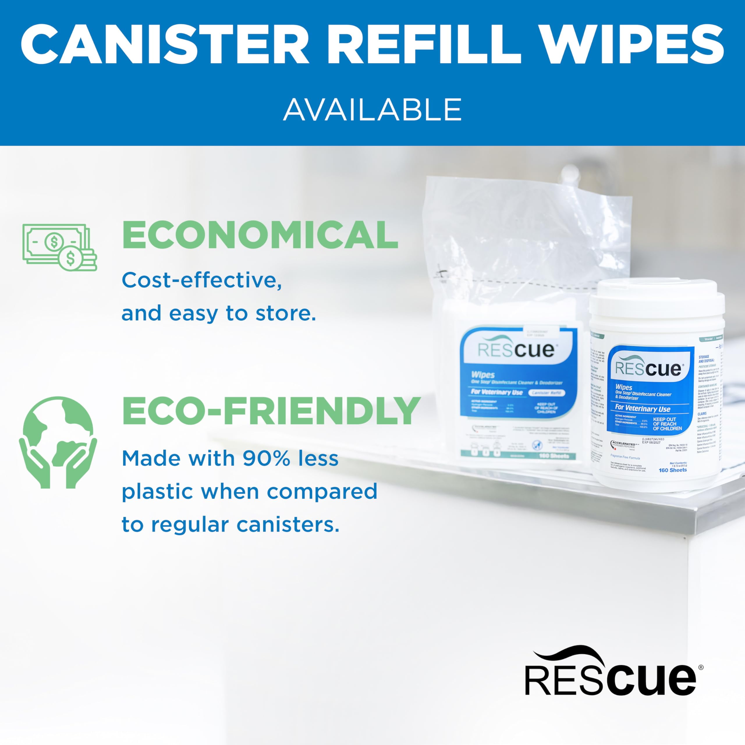 REScue One-Step Disinfectant Cleaner & Deodorizer Wipes for Vet Use â€“ Cleaner for Kennels, Litter Boxes & More â€“ 160-Wipes, 1 Canister (Pack of 1)