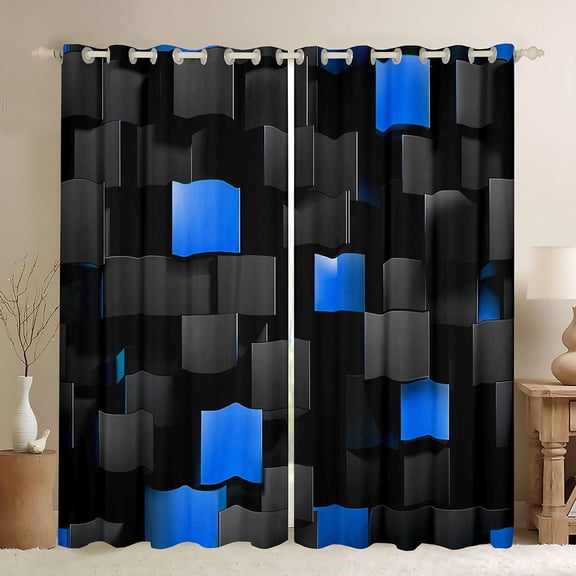 Manfei Abstract 3D Cube Kitchen Curtains, Geometric Checkered Black Out Curtains Pack of 2 (42x63 Each), Black and Blue