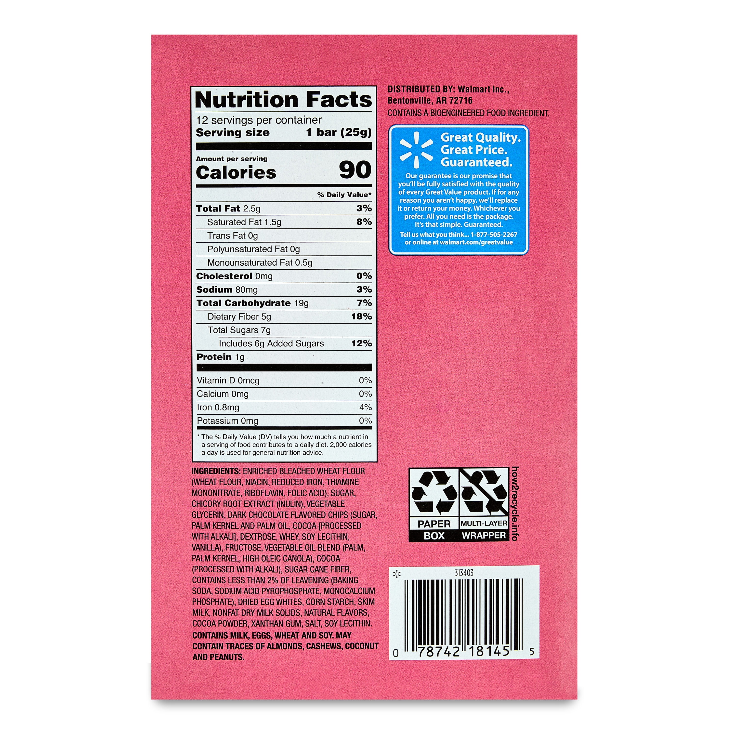 Great Value Chocolate Fudge Fiber Brownie Baked Bars, Value Pack, 0.89 oz, 12 Count