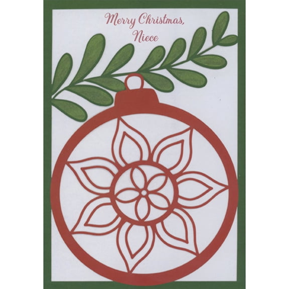 Designer Greetings Red Laser Cut Floral Patterned Ornament and Green Leaves on Shimmering Christmas Card for Niece