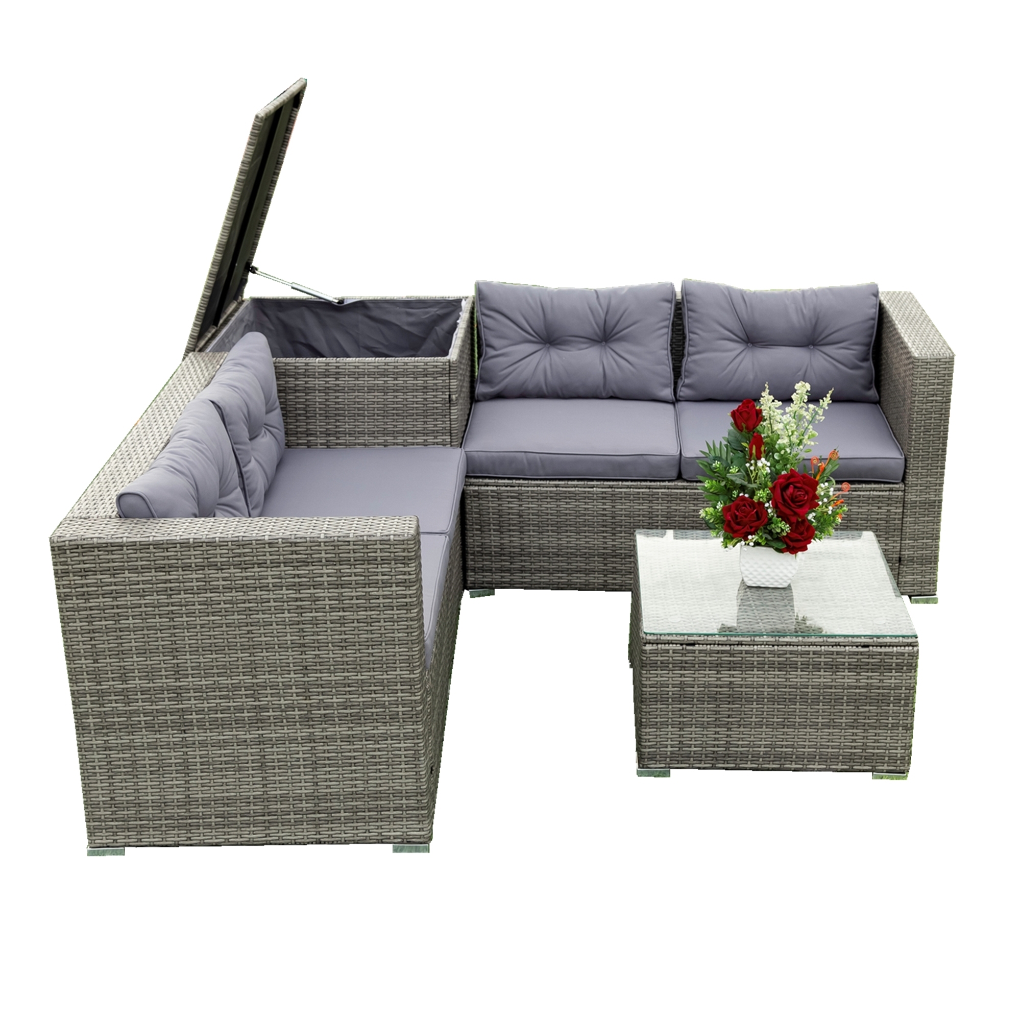 Outdoor Patio Conversation Set,4 Piece Patio Sectional Wicker Rattan Outdoor Furniture Sofa Set with Storage Box Grey