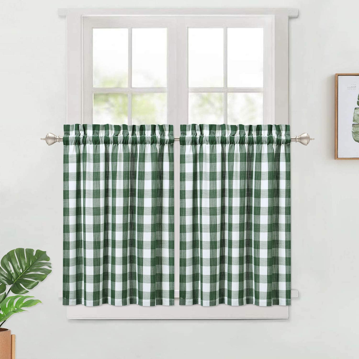 Mulanimo Kitchen Curtains Sage Buffalo Plaid Small Tier Curtains