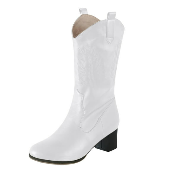 YLYL Women's Western Cowboy Boots Vintage Leather Round Toe Mid-Heels Wide Mid Calf Cowgirl Retro Slip on Riding Short Winter Shoes