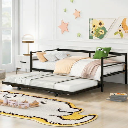 Twin Size Metal Daybed with Adjustable Trundle - Heavy-Duty Steel Daybed with Pop Up Trundle Bed - Black