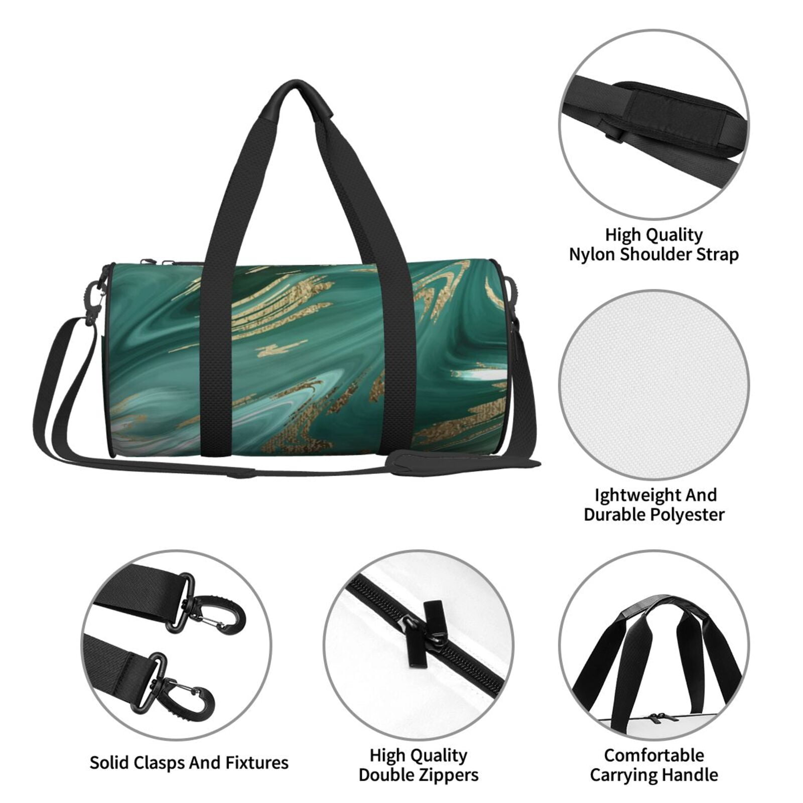 Vsdgher Green And Gold Marble 45L Foldable Duffel Bag, Sports Gym Bag,Overnight Bag, Portable Weekender Bag for Airplanes