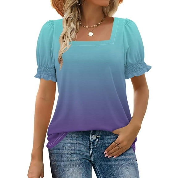 Tops for Women Summer Casual Ruffle Trim Sleeve Square Neck T-Shirts, Printed Loose Fit Blouse, Stylish and Comfortable Short Sleeve Top, Limited Time Off