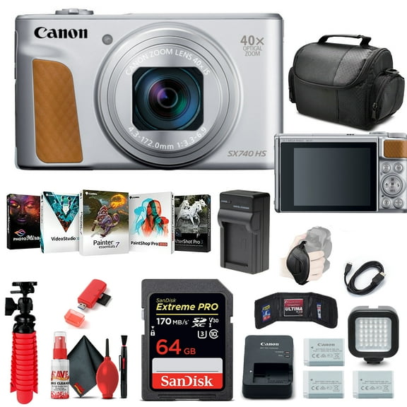 Canon PowerShot SX740 HS Digital Camera (Silver) (2956C001)   64GB Memory Card   2 x NB13L   Corel Photo Software   Charger   Card Reader   LED Light   Soft Bag   More (International Version)