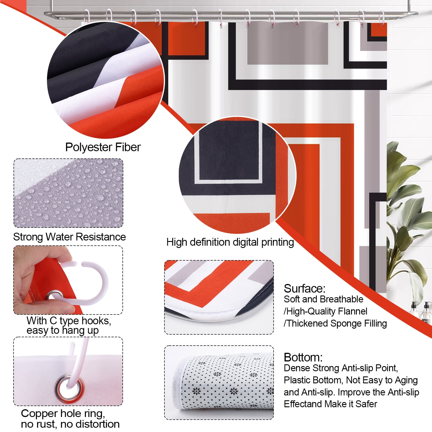 Vorfor Orange Geometric Shower Curtain Sets with Rugs, 16 Pc Modern Abstract Bathroom Sets, Waterproof Fabric Bathroom Curtain Decor with Hooks