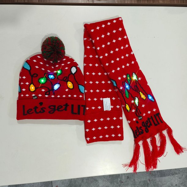 Conjunto de gorro y bufanda de punto navideño europeo y americano con luces LED de colores gorro de lana cálido para invierno