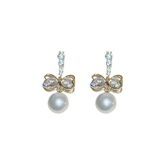 Pisexur Stud Earrings Real Gold Electroplated Needle Fashion Zircon Bow Pearl Earrings Light Luxury Temperament Earrings High-end Sense Earrings( 1Pairs ) Earrings for Women Gifts