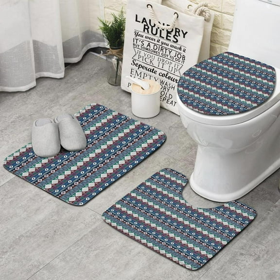 Boho Ethnic Geometric Pattern Bathroom Rugs Sets 3 Piece,Toilet Cover Set,Absorbent Non Slip Bathroom Mats Sets with U-Shaped Contour Rug Toilet Rug Set