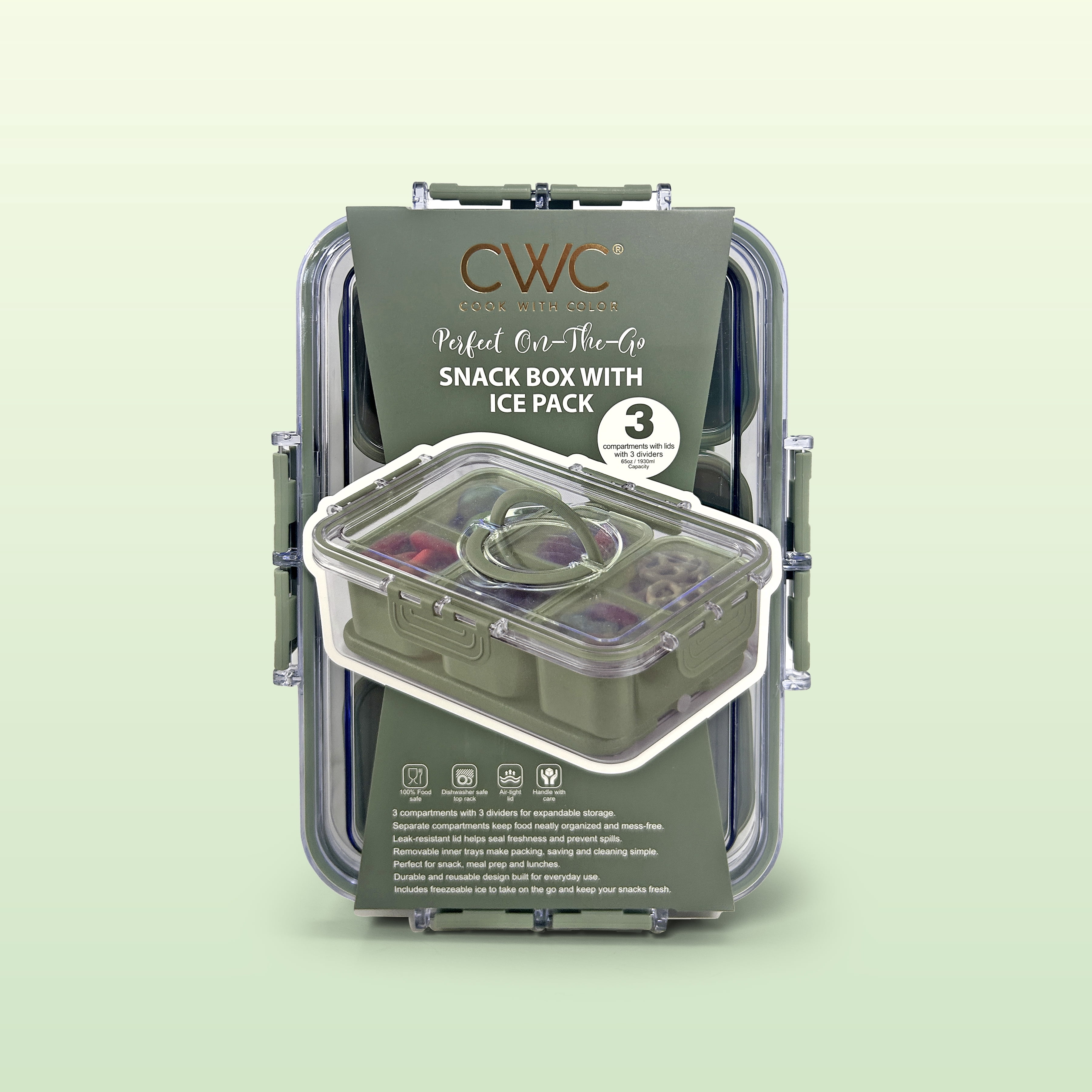 Cook with Color 3-Compartment Portable Snack Box Food Storage Container with Removable Ice Pack, Sage