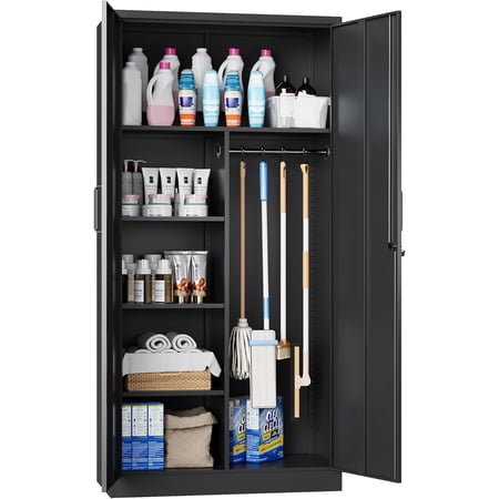 72" Black Lockable Metal Garage Storage Cabinet with Hanging Rod and 5-Tier Shelves