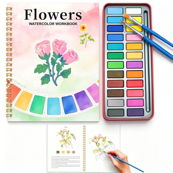 Watercolor Workbook,24 Colors Watercolor Paint Set with Brush,Water Coloring Book,12 Different Patterns of Original DIY Designs, Beginner-Friendly Watercolor Workbooks for Adults Teens(Flowers)