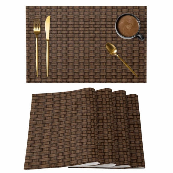 Dark Brown Rattan Placemats Set of 6, Vintage Abstract Wicker Texture Placemats for Dining Table, Place Mats for Kitchen Tabletop, Waterproof Wipeable Dining Table Mats Set