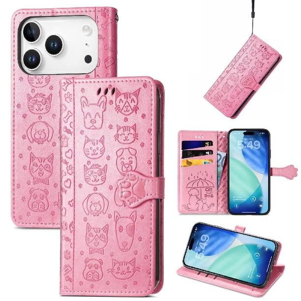 Funda Cartera FOXDOCK para iPhone 17 Pro , Flip PU con Relieve de Gatos y Perros, Tarjetero y Soporte