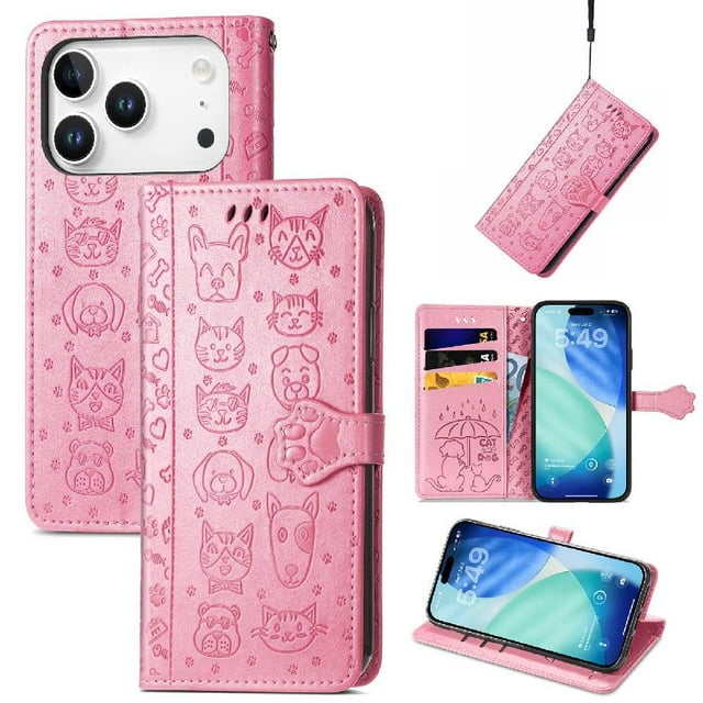 Funda Cartera FOXDOCK para iPhone 17 Pro , Flip PU con Relieve de Gatos y Perros, Tarjetero y Soporte
