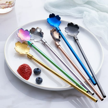 

chaolangshun Exquisite Straw Spoon Durable 2 in 1 Stainless Steel Coffee Milk Tea Spoon Straw for Dining